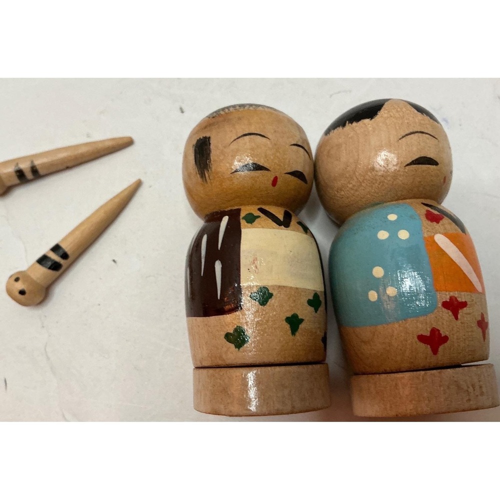 Vintage Japanese Kokeshi Doll Salt and Pepper Shakers Wood Set Small